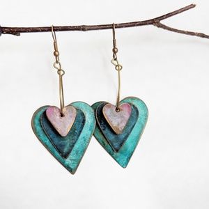 Artisan Copper Heart Earrings Handmade Patina